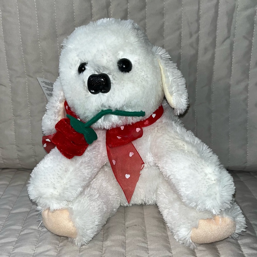 Stuffed animal puppy dog Valentines Plush Give your love a rose White & red NWT